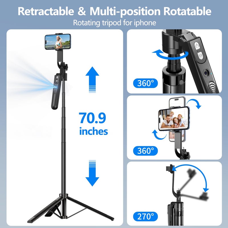 Stjiatu Auto Face Tracking Tripod with 360 Rotation Stand, 70.9" Ai Motion Tracking, Selfie Stick Rotation with Remote, Motion Sensor Phone Stand, for Vlog/Live Stream/Video Recording - Image 4